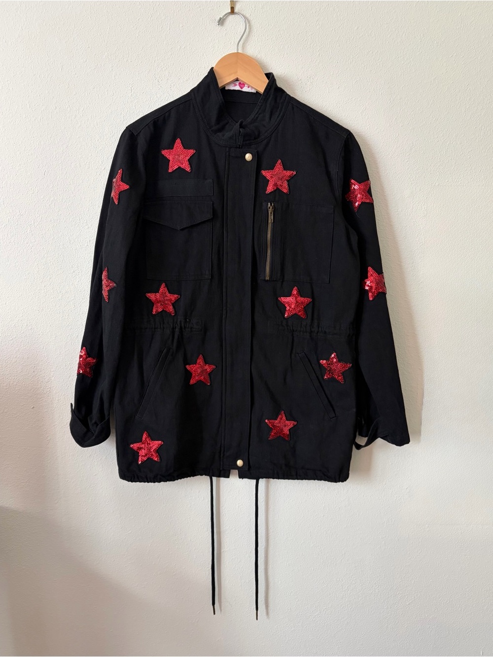 Buddy Love Alyssa Jacket Black Cotton Utility Sequin Red Star Patch Sz S